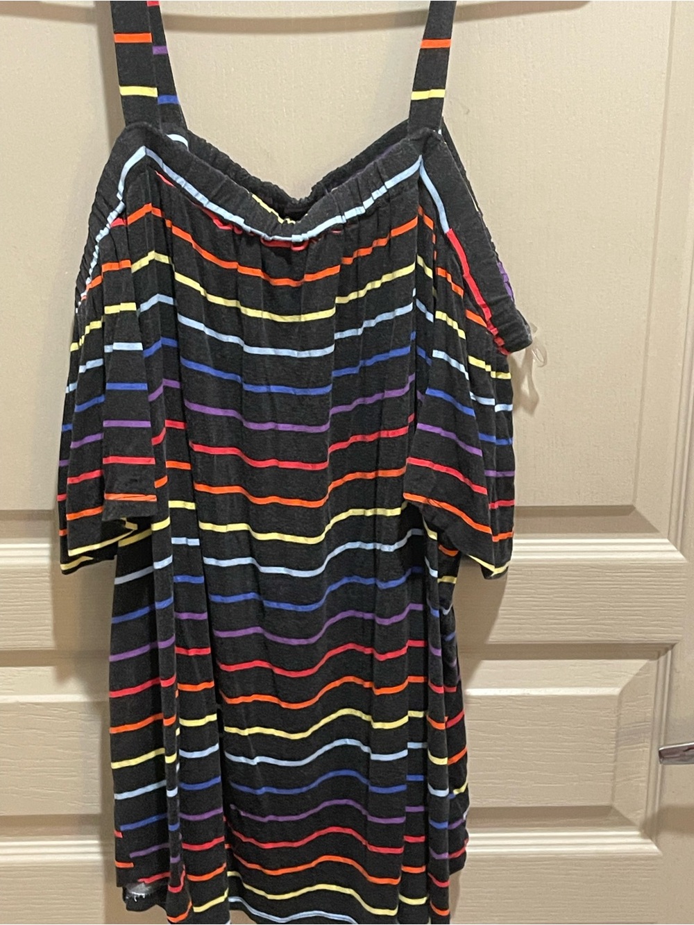 Lane Bryant Black Cold-Shoulder shirt with Rainbow Stripes
